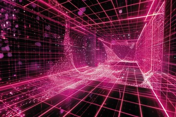 Obraz premium A digital space filled with glowing pink lines and particles