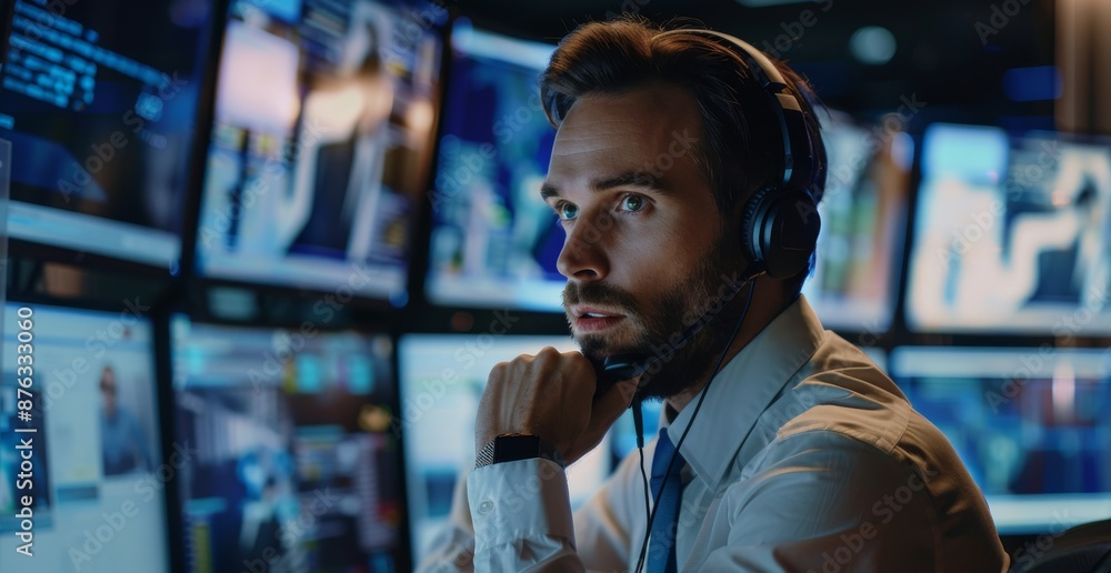 Poster focused call center operator working at night with multiple computer screens