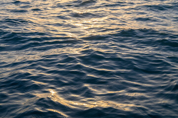 Sea water surface, summer time. Golden sunrise