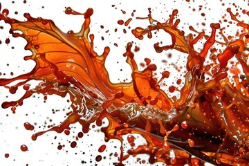A vibrant orange liquid explodes into a dazzling display of droplets and tendrils, against a stark white backdrop