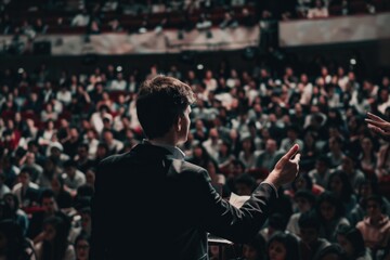 A speaker stands at the podium, facing a large audience. His hand gestures emphasize his points