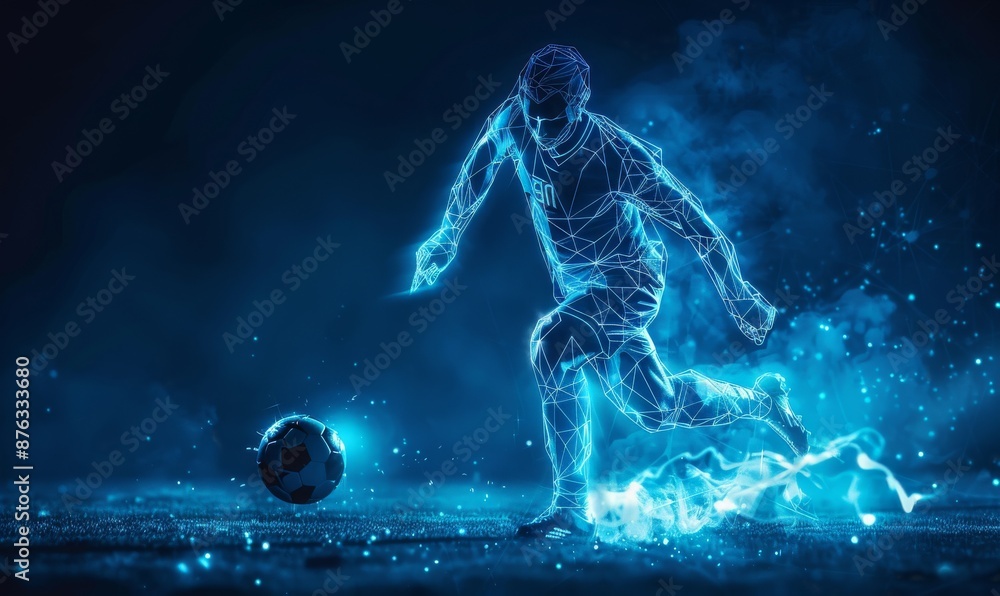 Poster futuristic digital rendering of a soccer player kicking a ball in dynamic motion