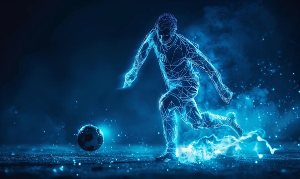 Futuristic digital rendering of a soccer player kicking a ball in dynamic motion