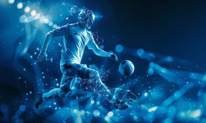 Futuristic soccer player in action, digital illustration of athlete with blue glowing effects