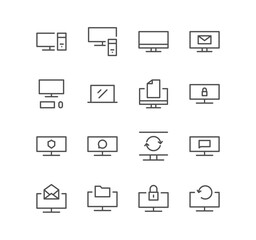 Set of monitor and technology icons, screen, business, laptop, computer, mail, refresh, folder and linear variety vectors.	

