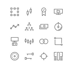 Set of cryptocurrency and finance icons, trade, mining, growth, money, exchange and linear variety vectors.	
