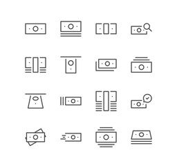 Set of money and finance icons, pay, paper money, cash, growth, check, market, value, earn and linear variety vectors.	
