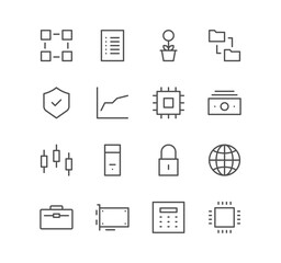 Set of cryptocurrency and finance icons, trade, mining, growth, money, exchange and linear variety vectors.	
