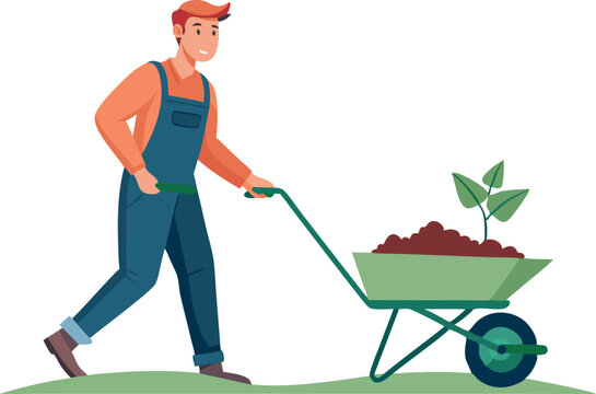 gardener pushing wheelbarrow with plant, green clip art preview