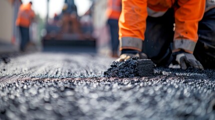 Naklejka premium Workers lay asphalt on a new road against the background of construction equipment.