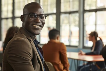 Obraz premium A man in a brown jacket and glasses smiles as he sits in a meeting