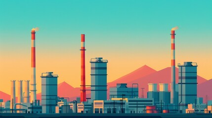 Obraz premium Showcase the evolution of urban landscapes with illustrations of power plants, refineries, and technological infrastructure driving modern cityscapes. Clean and Clear Color, Realistic Photo, ,