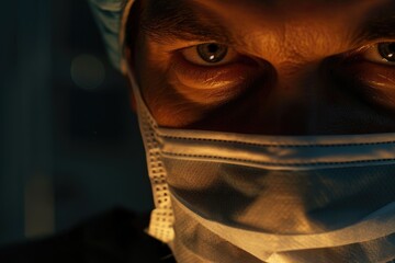 A close-up of a surgeon's eyes peering out from beneath a surgical mask, their intensity reflecting the seriousness of the moment