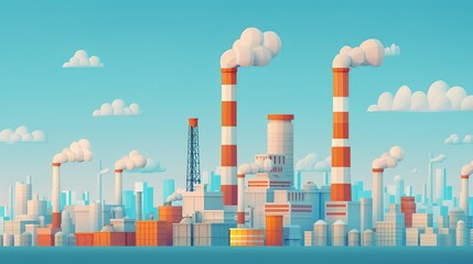 Obraz premium Dive into industrial landscapes with illustrations featuring power plants, refineries, and oil drilling platforms against the backdrop of bustling cities. Clean and Clear Color, Realistic Photo, ,