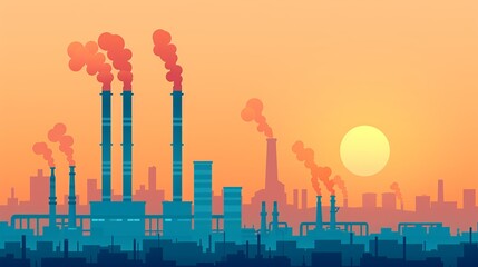 Dive into industrial landscapes with illustrations featuring power plants, refineries, and oil drilling platforms against the backdrop of bustling cities. Clean and Clear Color, Realistic Photo, ,