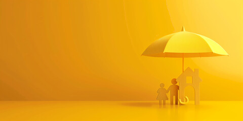 A symbolic representation of a family under an umbrella, next to a house icon, set against a yellow background. This image conveys the concept of home and family insurance protection.