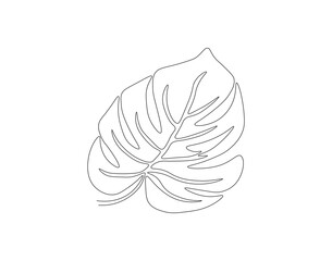 Continuous one line drawing of monstera leaf. One line drawing illustration of philodendron Monstera leaf. Foliage concept line art. Editable outline.