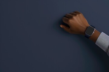A hand with a smartwatch on the wrist reaches out against a dark blue backdrop