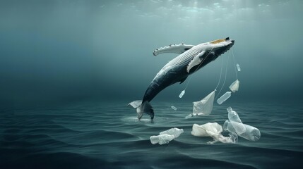 Naklejka premium Majestic Humpback Whale Choked and Crushed by Discarded Plastic in Dramatic Impressionistic Painting