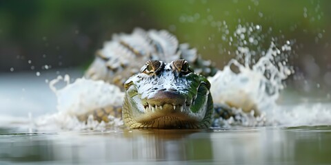 Obraz premium Intense wildlife action Crocodile emerges from water with focused eyes and teeth. Concept Wildlife Photography, Crocodile Behavior, Predator Prey Interaction