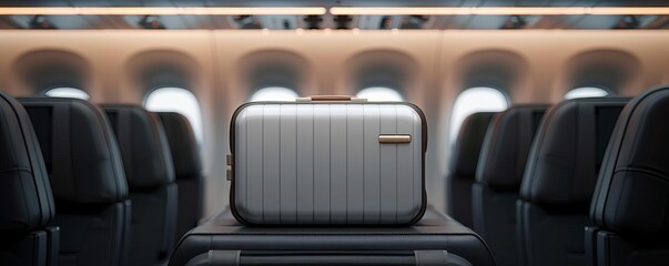 Closeup of an overhead compartment with luggage, plane, inflight storage