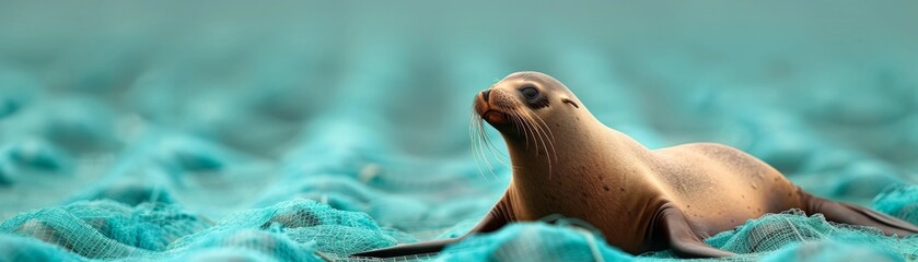 Obraz premium Desperate Sea Lion Entangled in Abandoned Fishing Nets and Plastic Pollution