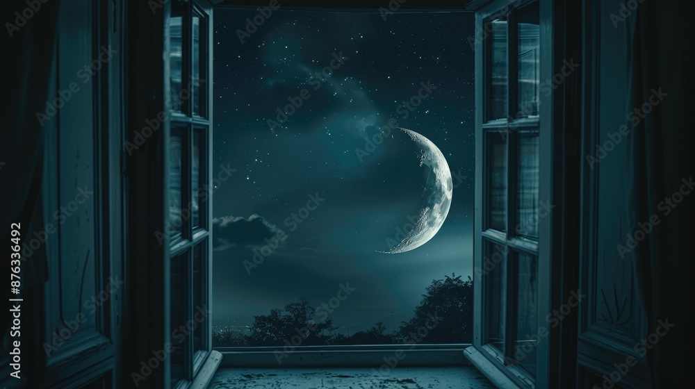 Canvas Prints Half moon light shining through open window on dark night