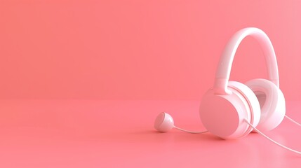 Pastel pink headphones resting on a matching pink surface against a pink background