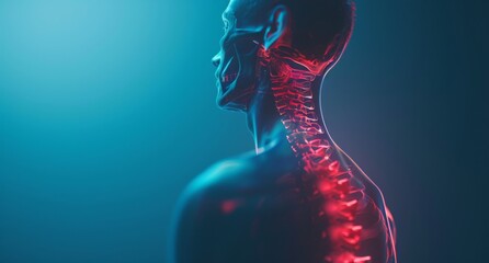 3D rendered graphic of an x-ray showing spine and neck anatomy with blue and red coloration