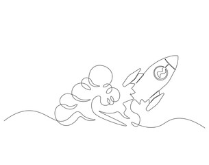 Continuous one line drawing of rocket ship launch. One line drawing illustration of rocket. Space ship concept continuous line art. Editable outline.