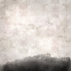 Fototapeta premium stylish textured old paper square background with a Hill with pine tres in a mist