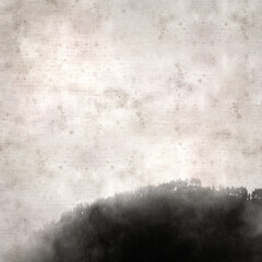 stylish textured old paper square background with a Hill with pine tres in a mist