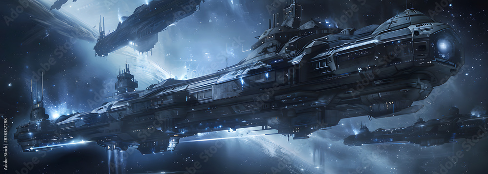 Poster spaceship or large space colony a massive spaceship or colony above a planetary terrain. planet in b