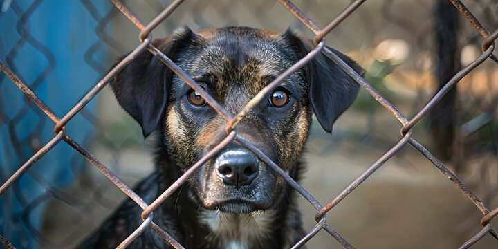 Dog in shelter kennel seeking adoption behind metal bars and chainlink fence. Concept Animal shelter, Adoptable pets, Shelter life, Rescued animals, Pet adoption