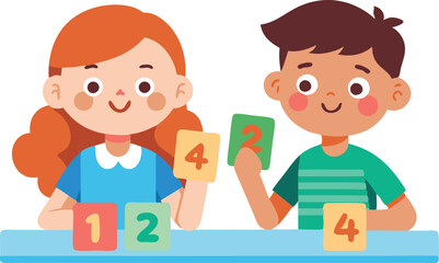 Children Learning Numbers with Flashcards in Classroom