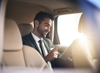 Business man, passenger and tablet in car for transportation service, taxi or chauffer cab with travel, commute or trip. Corporate investor reading news on economy and digital tech on drive to work