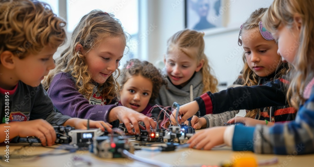 Poster group of children engaged in interactive robotics activity with excitement and curiosity