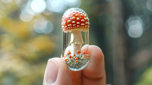 Hand holding encapsulated amanita fly agaric mushroom, set against lush, blurred green forest background. Microdosing concept