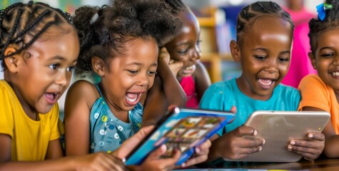 Group of children laughing and learning using tablets in a classroom setting