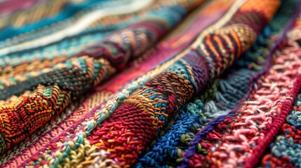 Fototapeta premium Close-up of knitted fabric showcasing detailed patterns, intricate stitches, and exquisite craftsmanship.