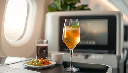 Luxury in-flight dining experience with gourmet snacks and refreshing drinks served on a business class flight, featuring a scenic window view.