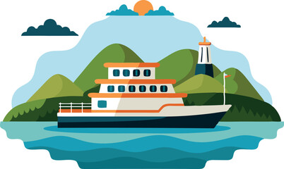 Naklejka premium Colorful Ferry Boat Traveling Near Mountainous Landscape and Lighthouse