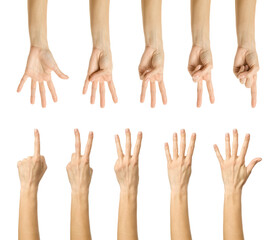 Counting gestures. Multiple images set of female caucasian hand with french manicure counting from...