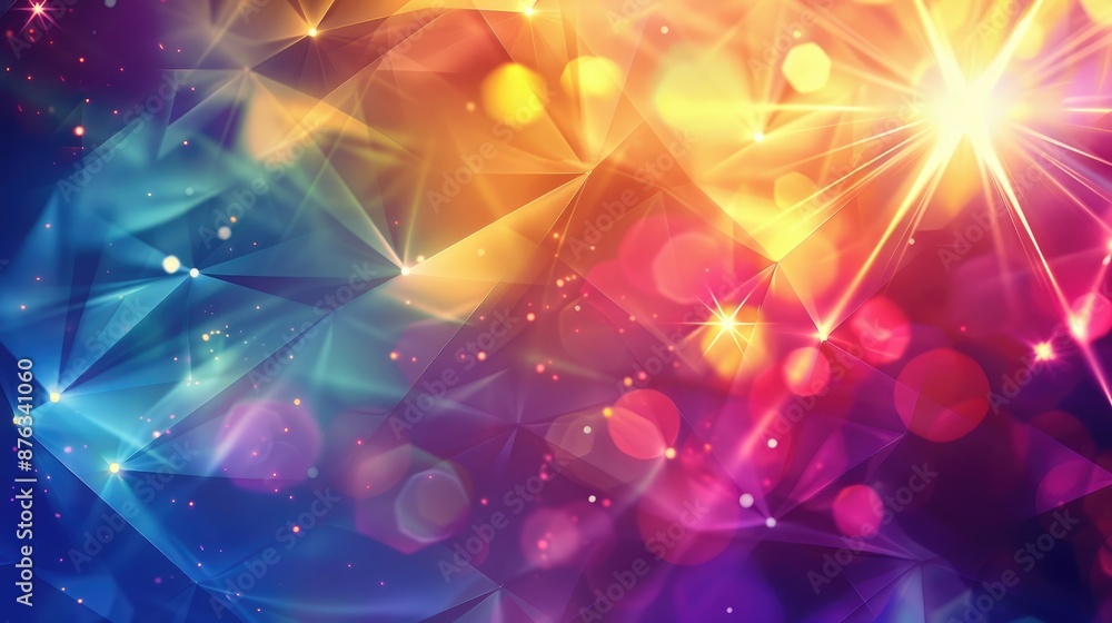 Poster abstract geometric background with multicolored lights and lens flare