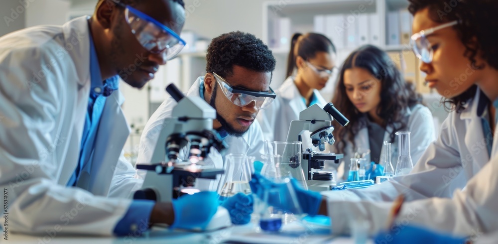 Poster diverse group of scientists working with microscopes in modern laboratory