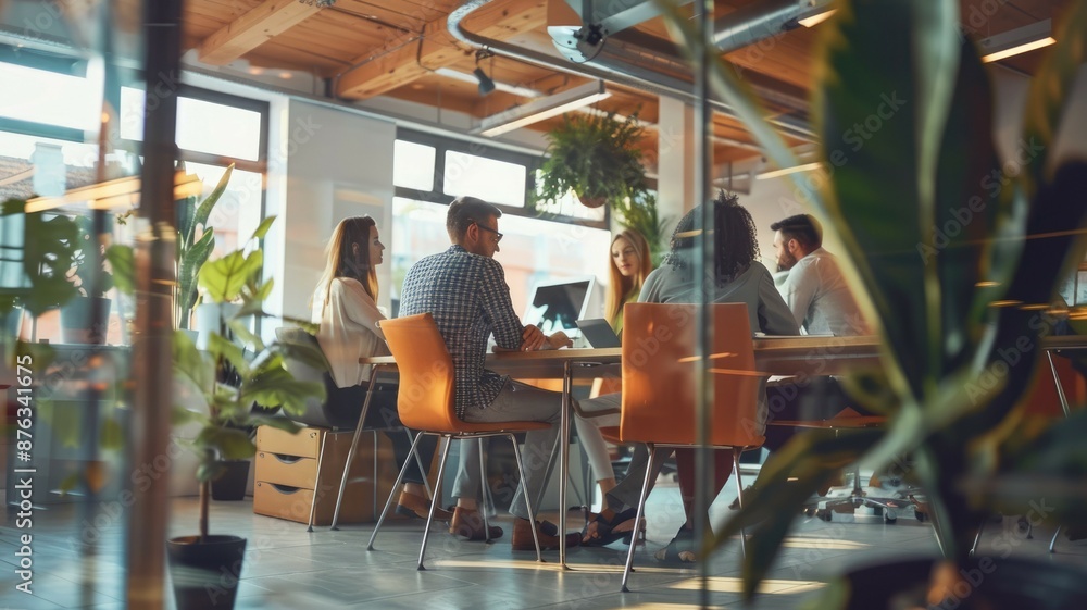 Poster a dynamic office scene featuring employees collaborating with laptops and colorful post-it notes on 
