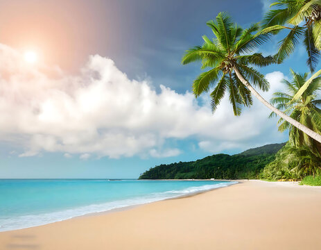 Sandy beach lined with palm trees under a sunny blue sky.
