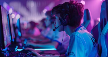 Obraz premium Young esports gamers focused on a competitive video game tournament