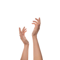 Gentle hands isolated on white background. Elegant motion and gesture female, tenderness.