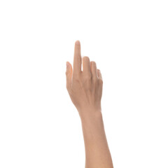 Hand touching or pointing at something. Closeup of hand isolated on white background.